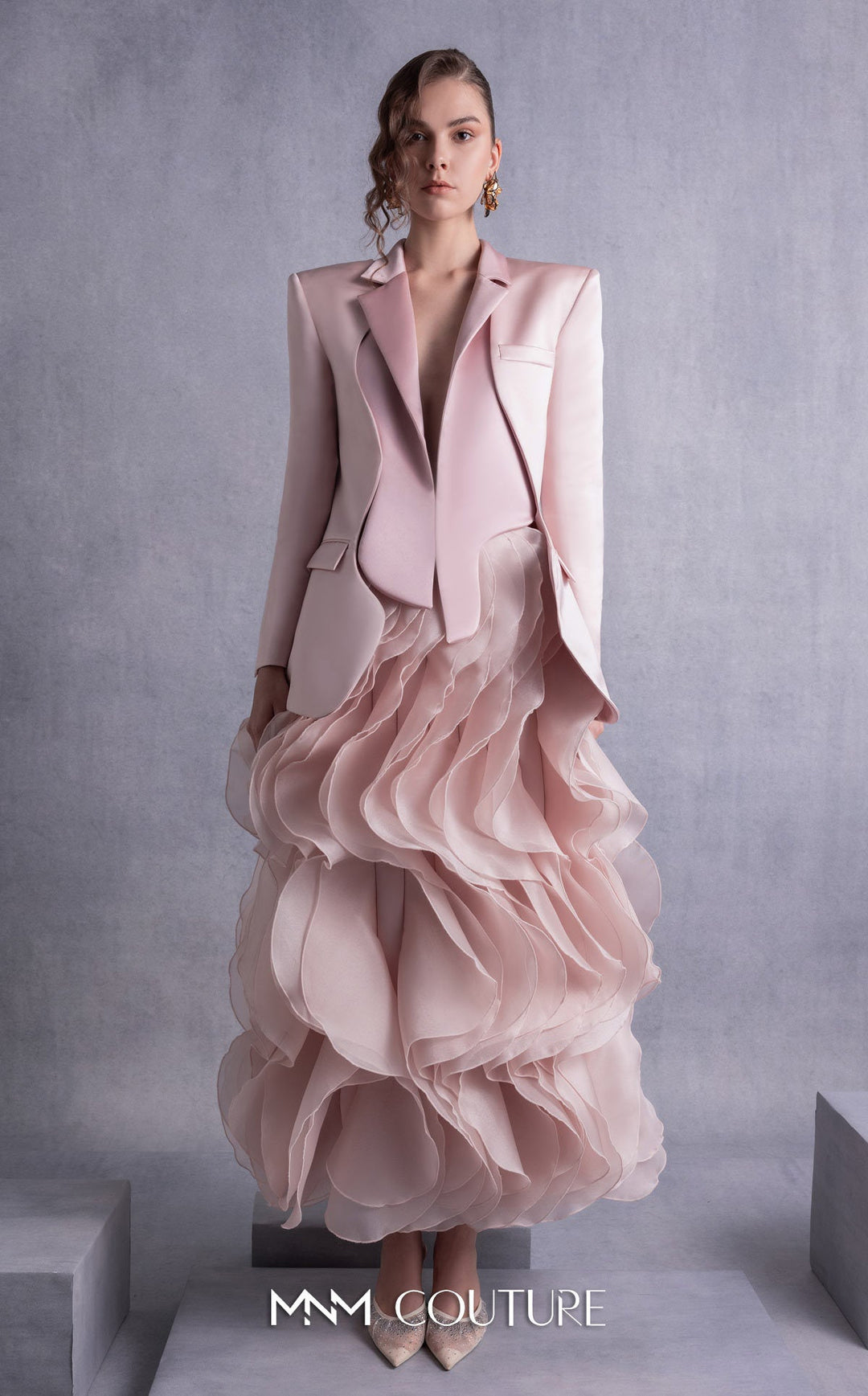 Gaby Charbachy GOS2504 ruffle edge blazer dress with tiered sheer ruffle skirt front view