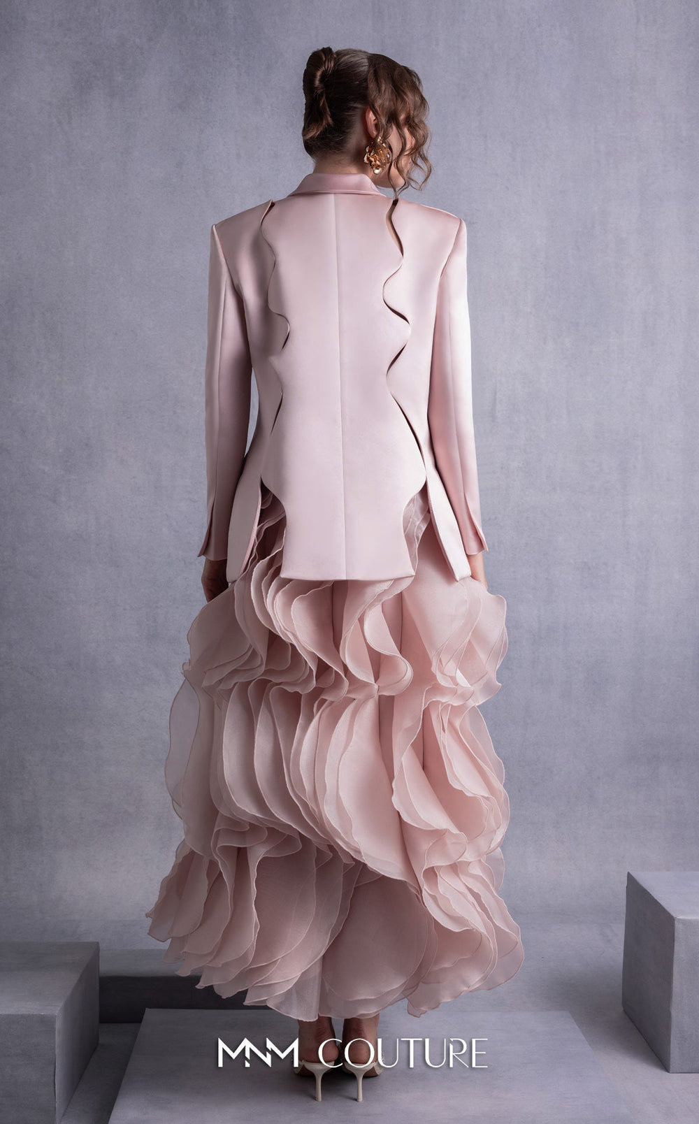 Gaby Charbachy GOS2504 ruffle edge blazer dress with tiered sheer ruffle skirt back view