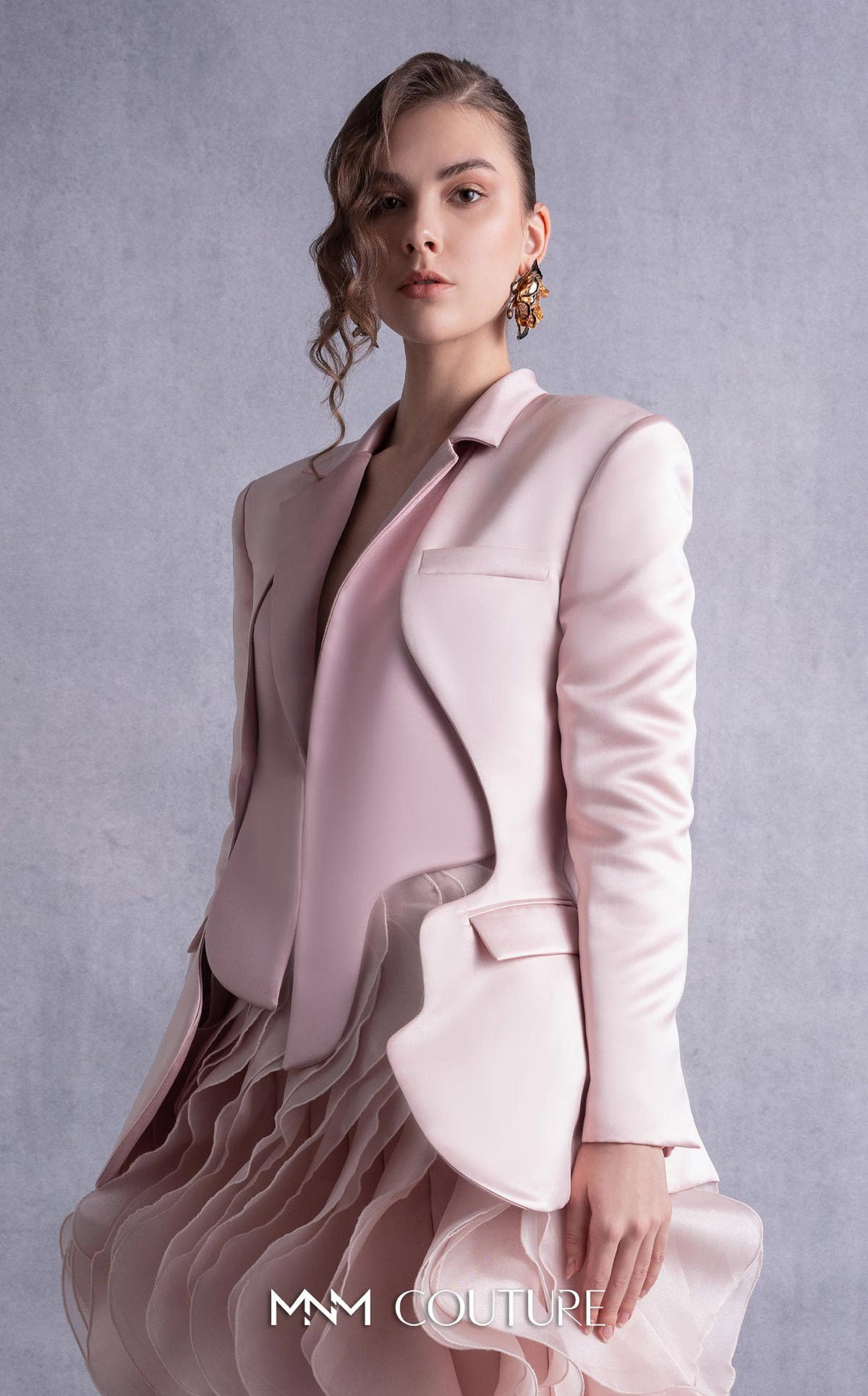 Gaby Charbachy GOS2504 ruffle edge blazer dress with tiered sheer ruffle skirt bodice detail