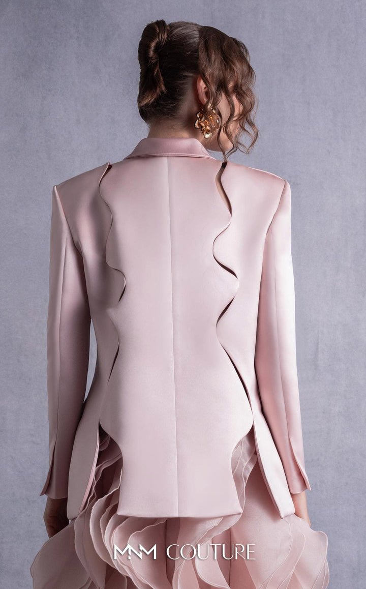 Gaby Charbachy GOS2504 ruffle edge blazer dress with tiered sheer ruffle skirt back detail