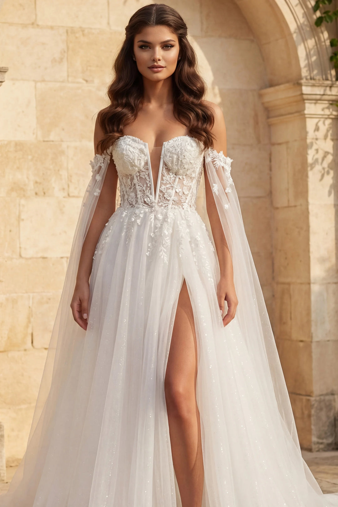 Jovani JB42480 Off the Shoulder Sheer Bridal Gown with Floral Embellishments - FOSTANI.com