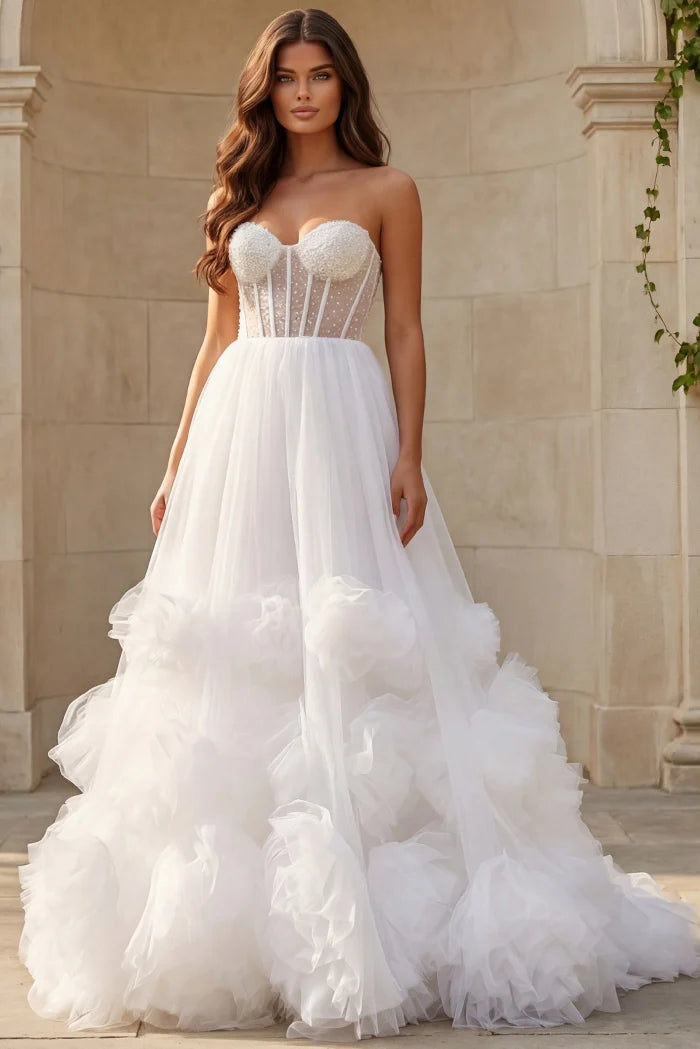 Jovani JB42782 Strapless A Line Wedding Dress with Floral Ruffle Details