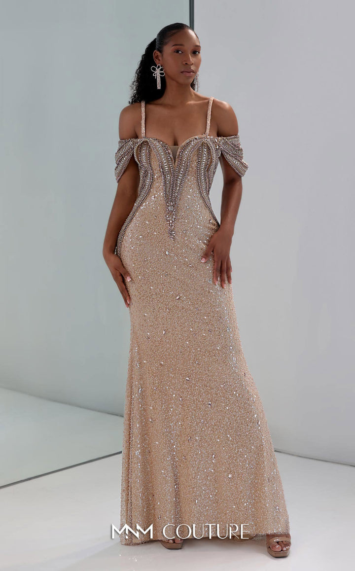 MNM Couture M0023 off-the-shoulder beaded band sequin mermaid gown front view