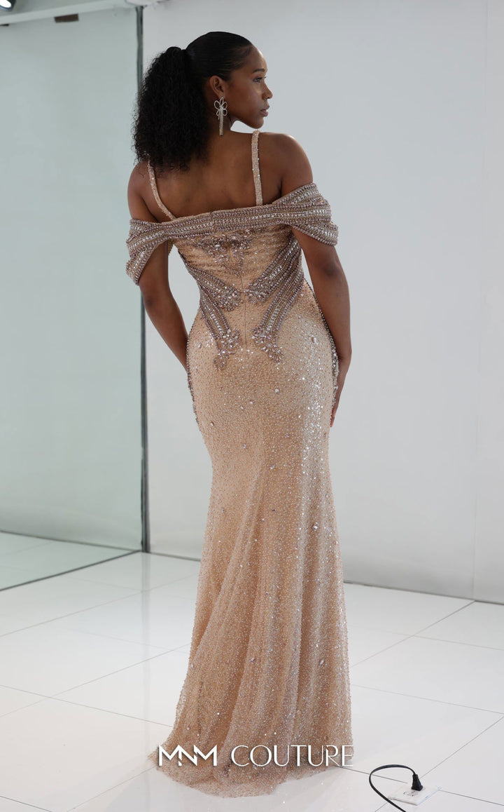 MNM Couture M0023 off-the-shoulder beaded band sequin mermaid gown back view