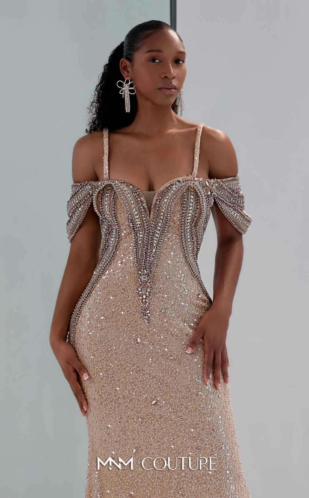 MNM Couture M0023 off-the-shoulder beaded band sequin mermaid gown bodice front view