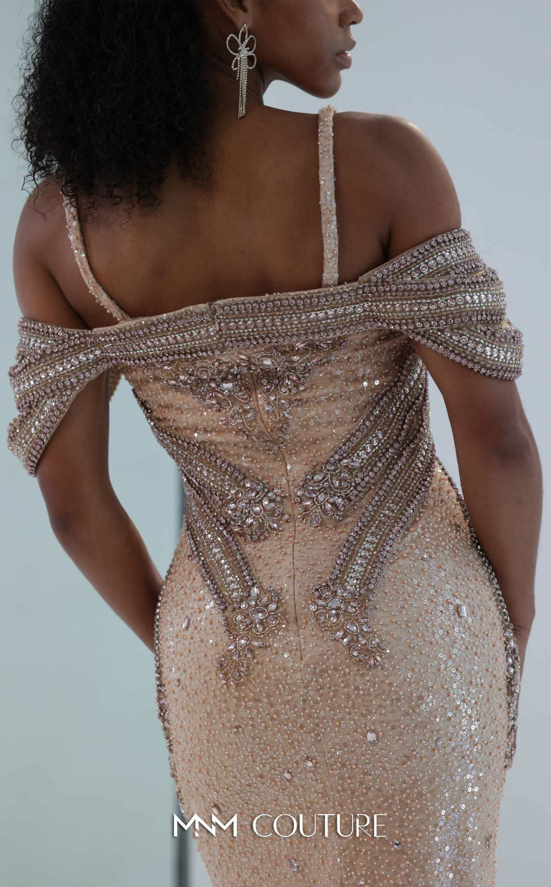 MNM Couture M0023 off-the-shoulder beaded band sequin mermaid gown back detail