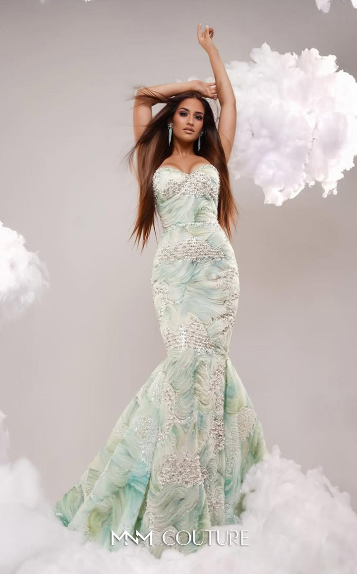 MNM Couture M1133 sweetheart beaded mermaid gown with swirl print front view