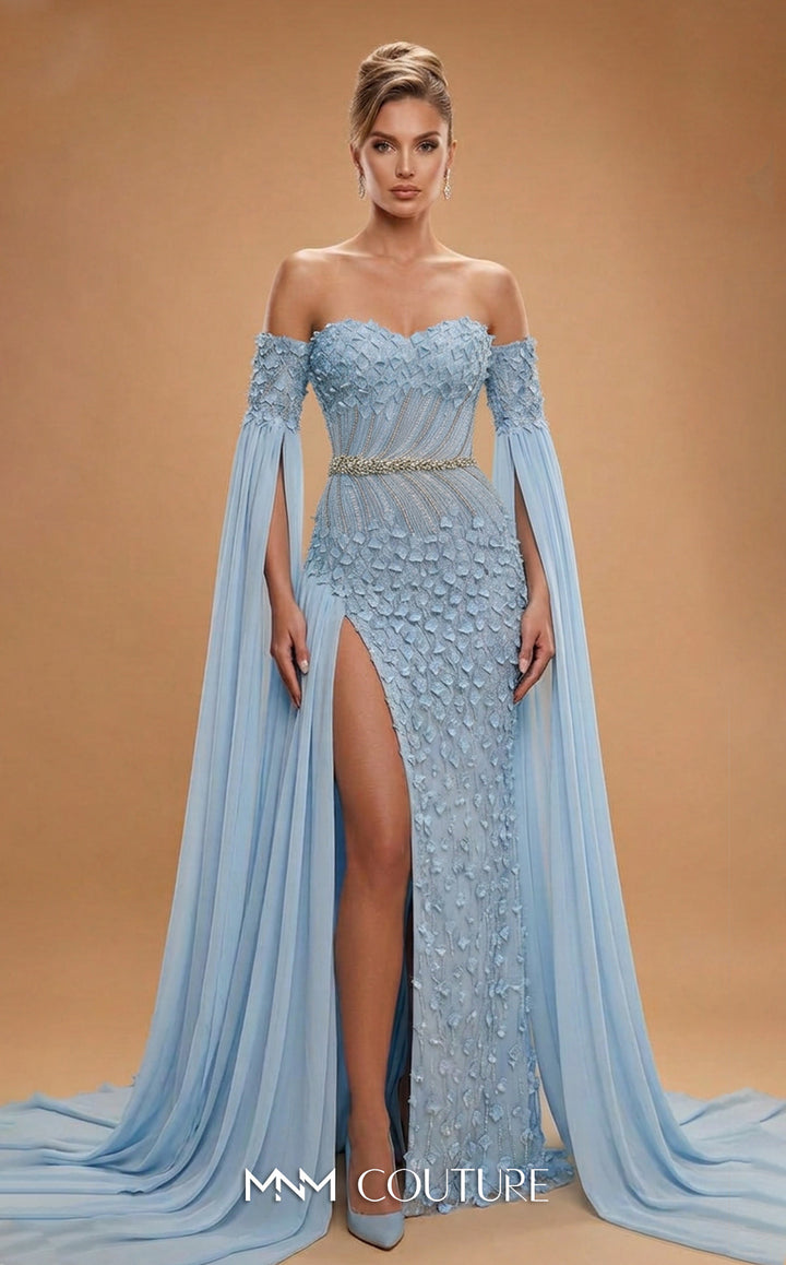 MNM Couture M1321 Off-the-Shoulder Cape Sleeve Column Evening Gown