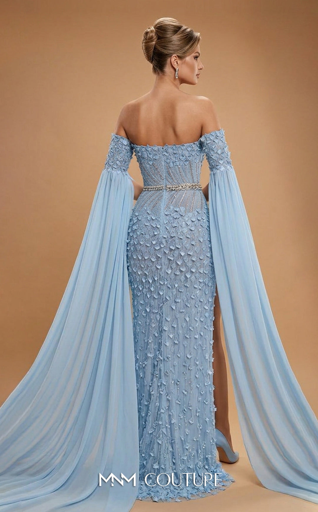 MNM Couture M1321 Off-the-Shoulder Cape Sleeve Column Evening Gown