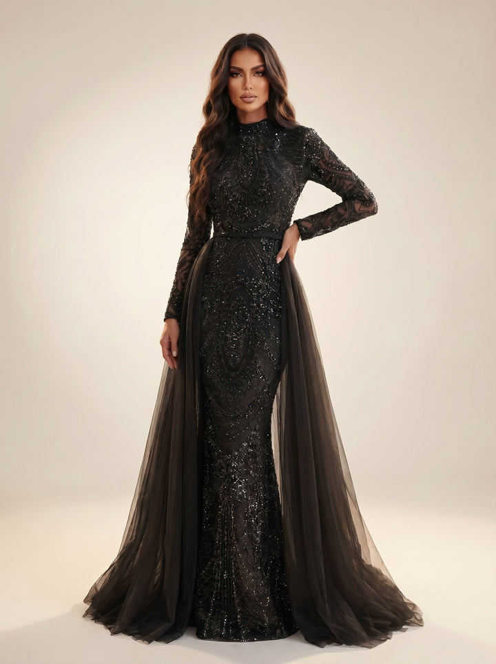 Modessa Couture MO26713 High Neck Long Illusion Sleeves Tulle Overskirt Dress