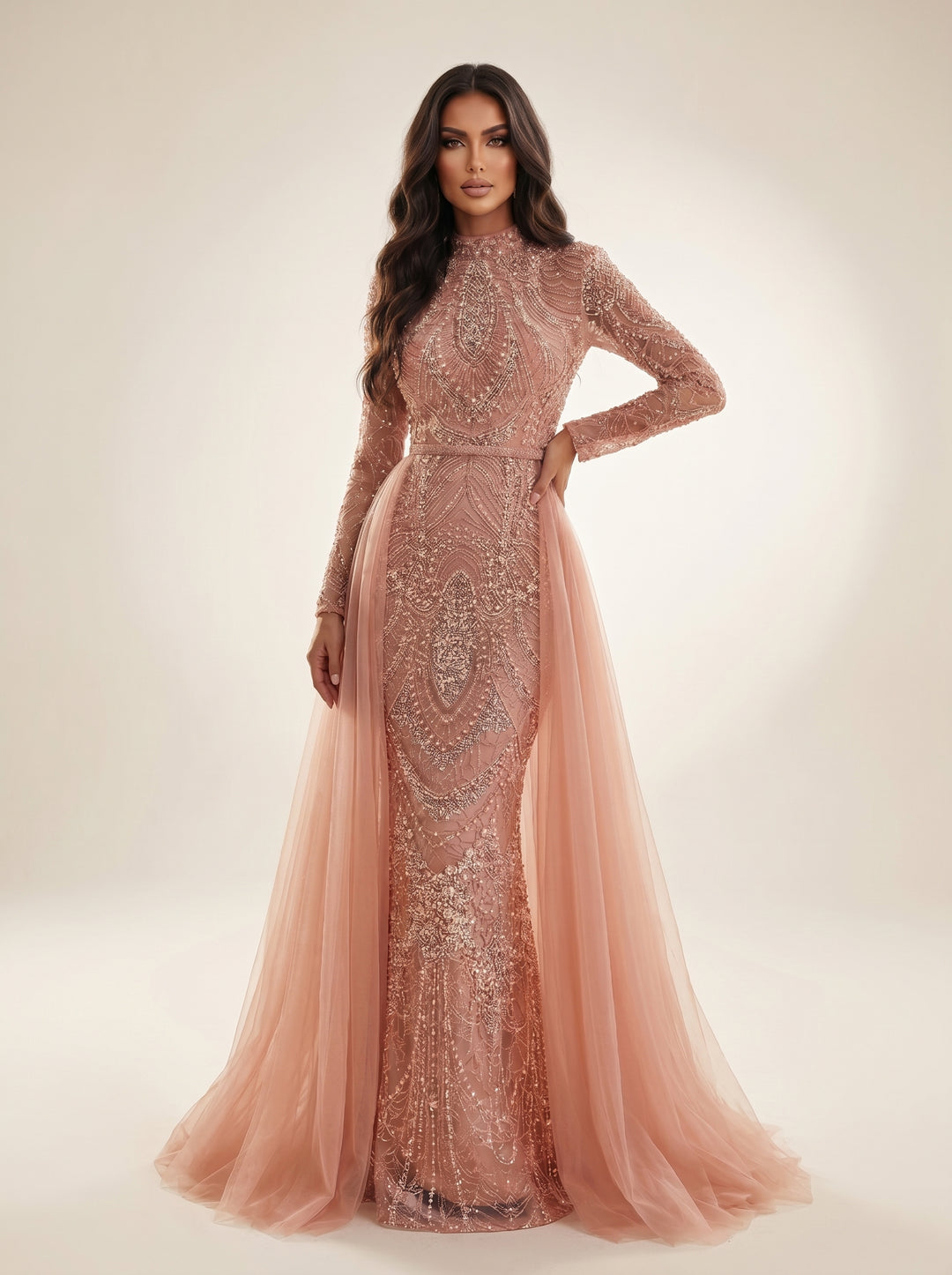 Modessa Couture MO26713 High Neck Long Illusion Sleeves Tulle Overskirt Dress