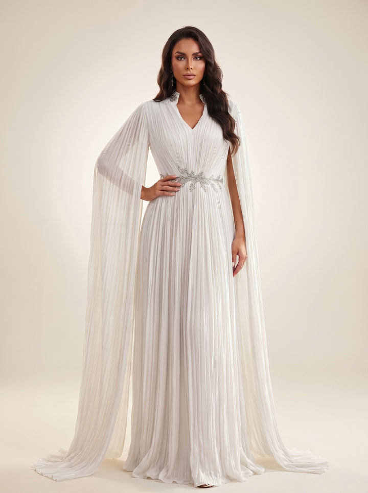 Modessa Couture M26736 V-Neckline Cape Sleeves Pleated Dress