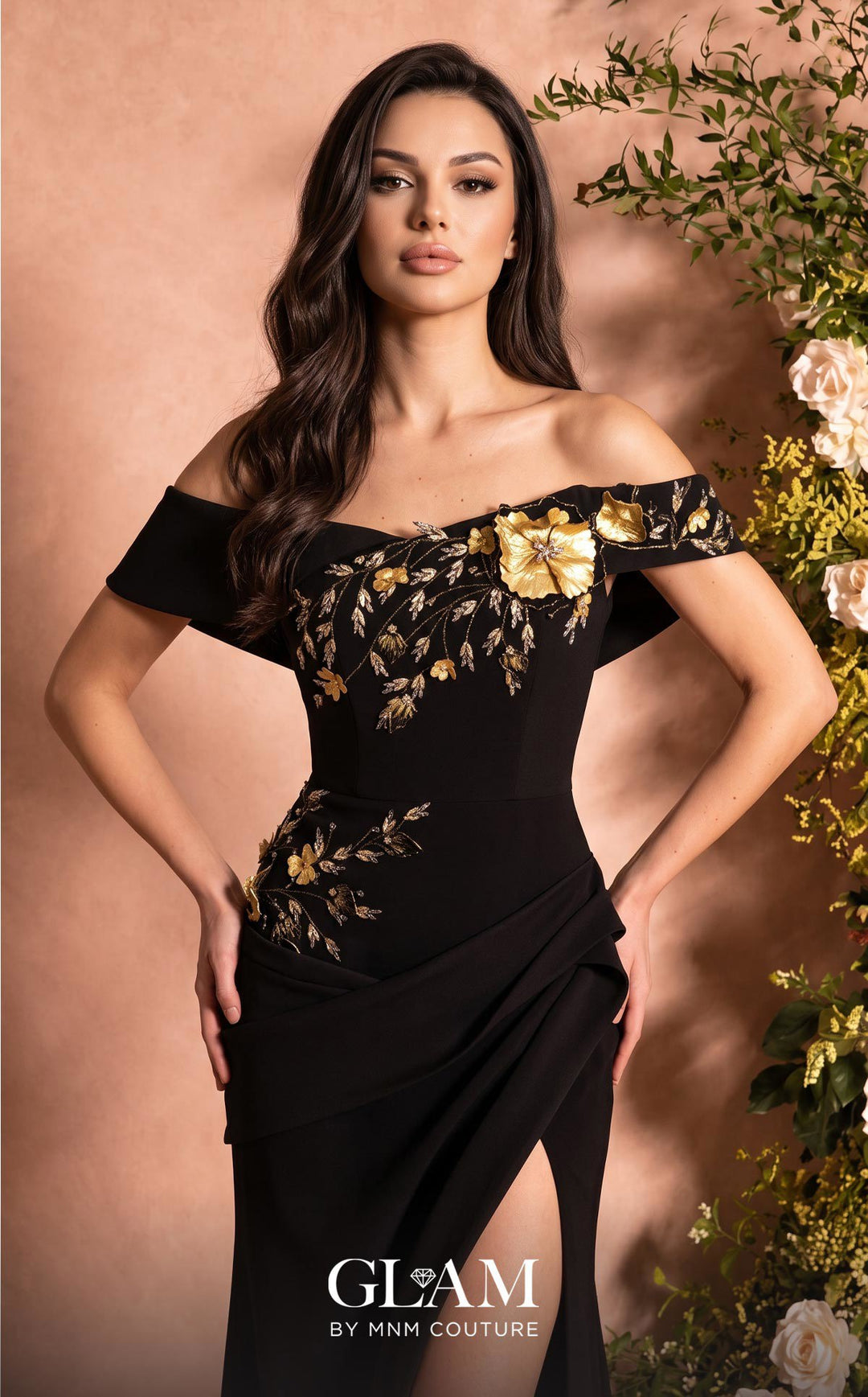 MNM Couture O07832 evening gown, appliqué detail