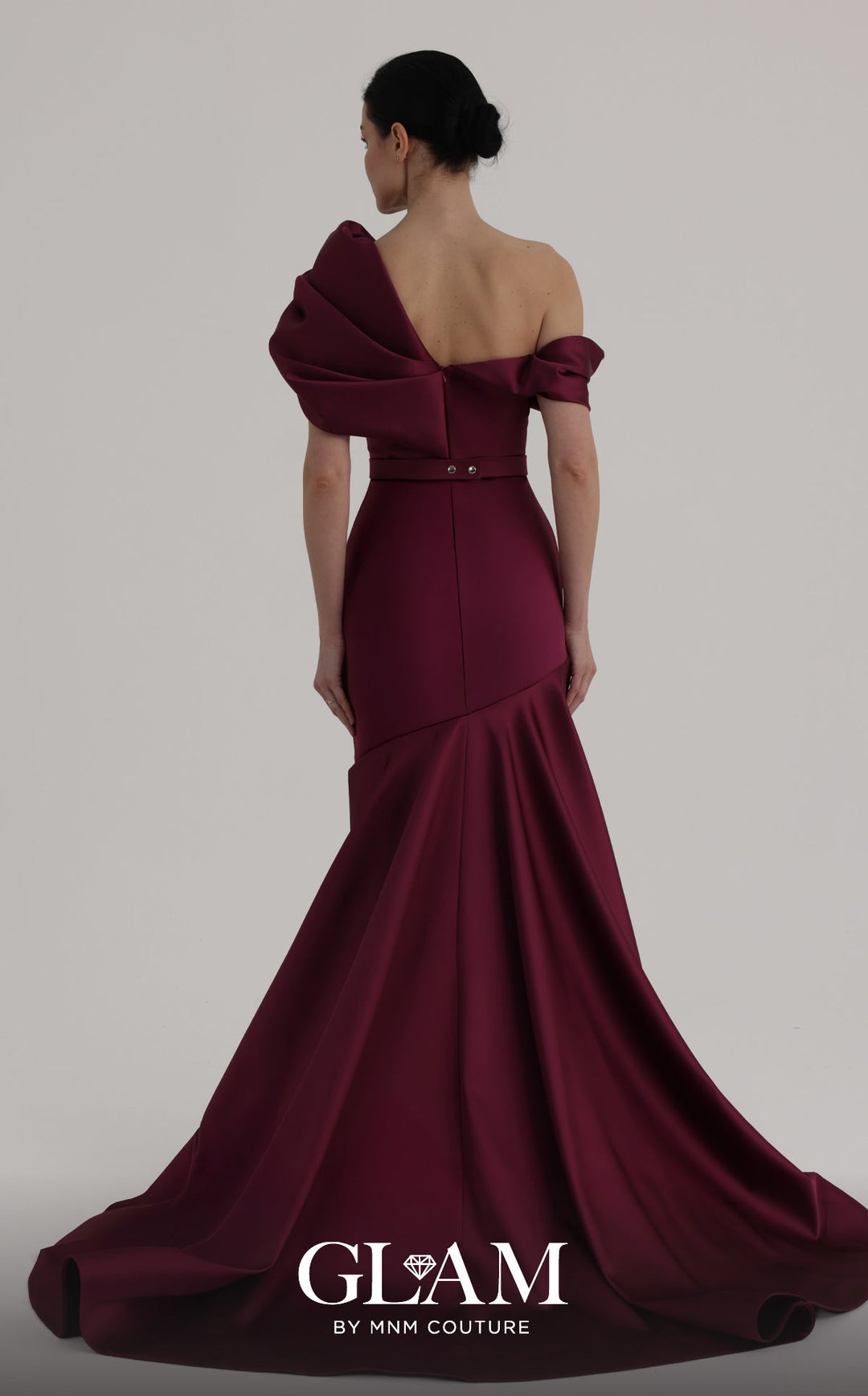 MNM Couture Style O07841: One-Shoulder Mermaid Gown with Asymmetric Satin Train - FOSTANI.com