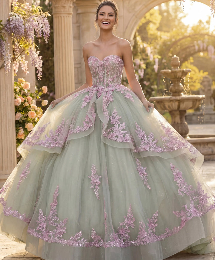 Jovani Q45685 Layered Green Ball Gown with Pink Floral Appliqués