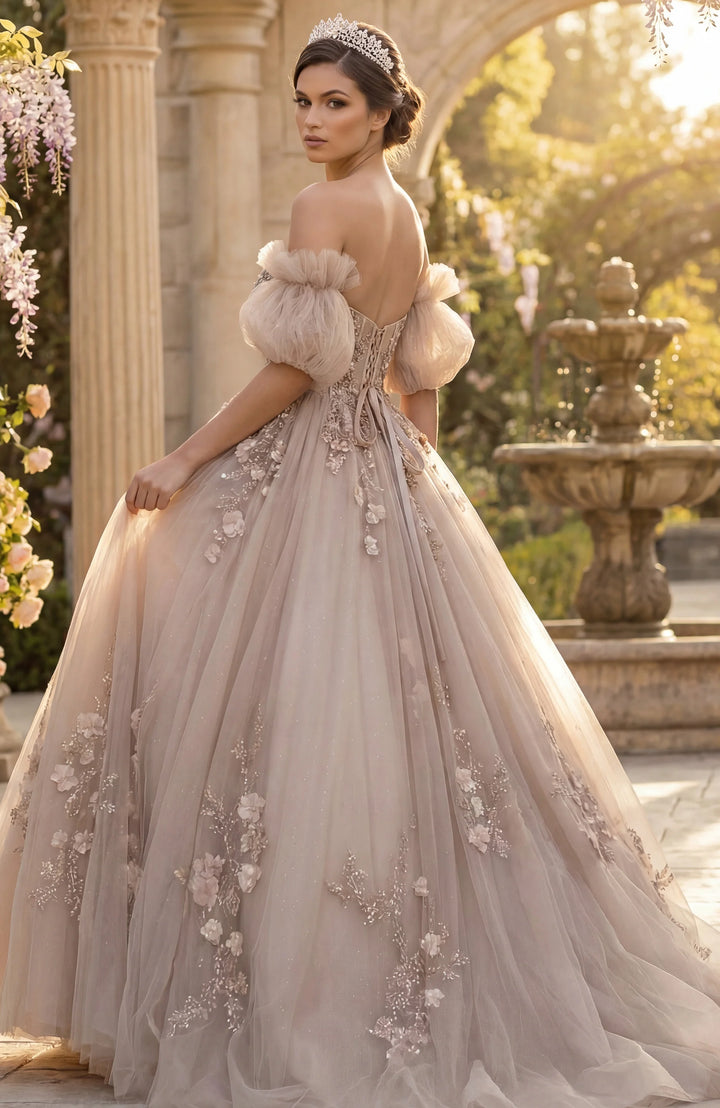 Jovani Q46662 Ball Gown with Puff Sleeves and Floral Embroidery