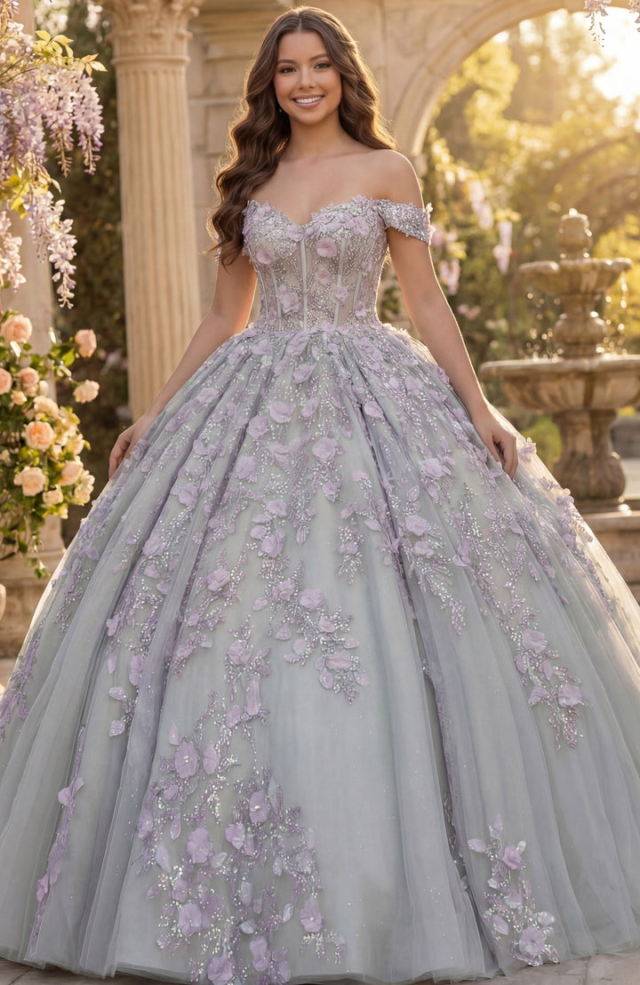 Jovani Q46665 Off Shoulder Ball Gown with 3D Floral Appliqué