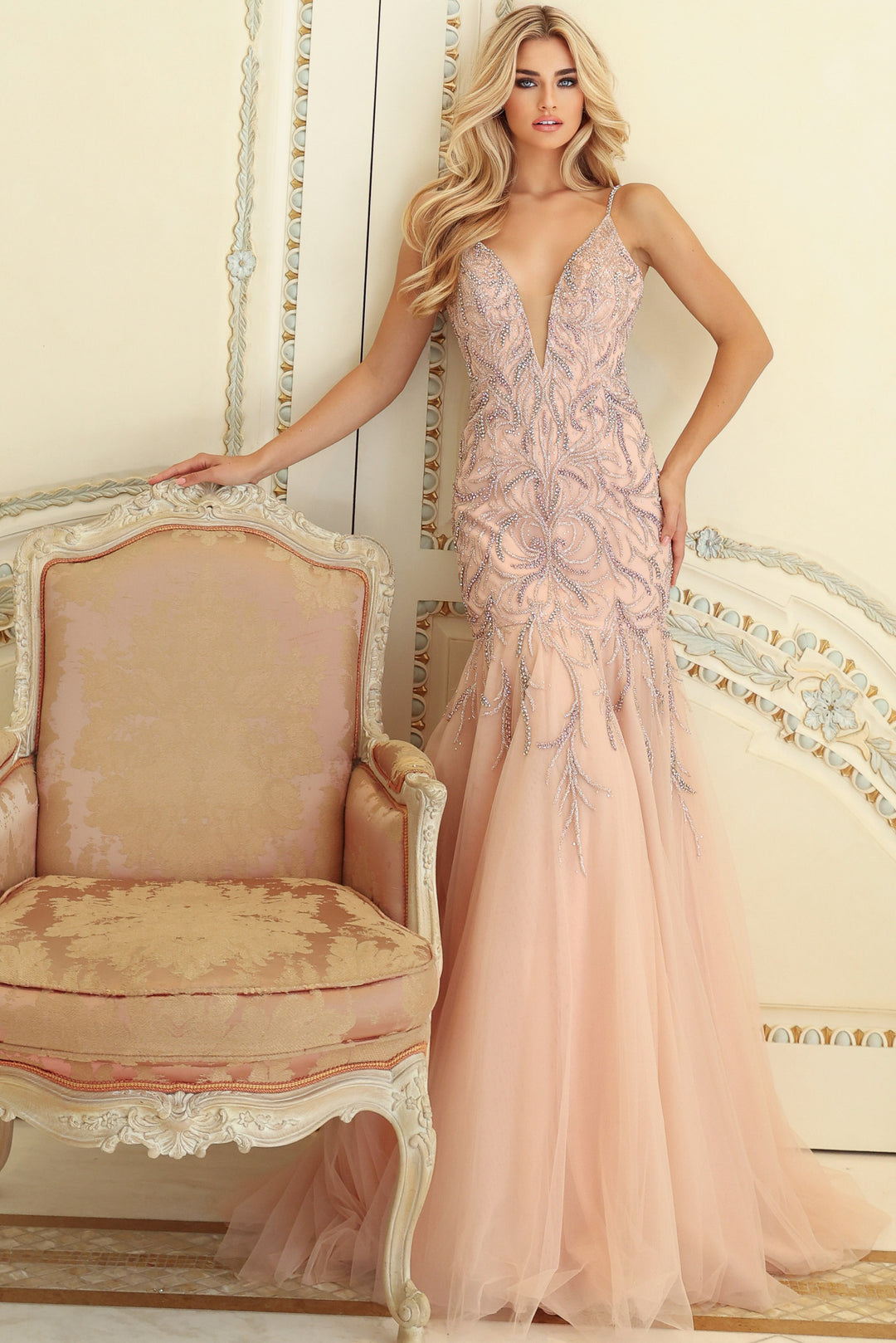 Jovani S62456 Embellished Fitted Gown With Deep V Neck