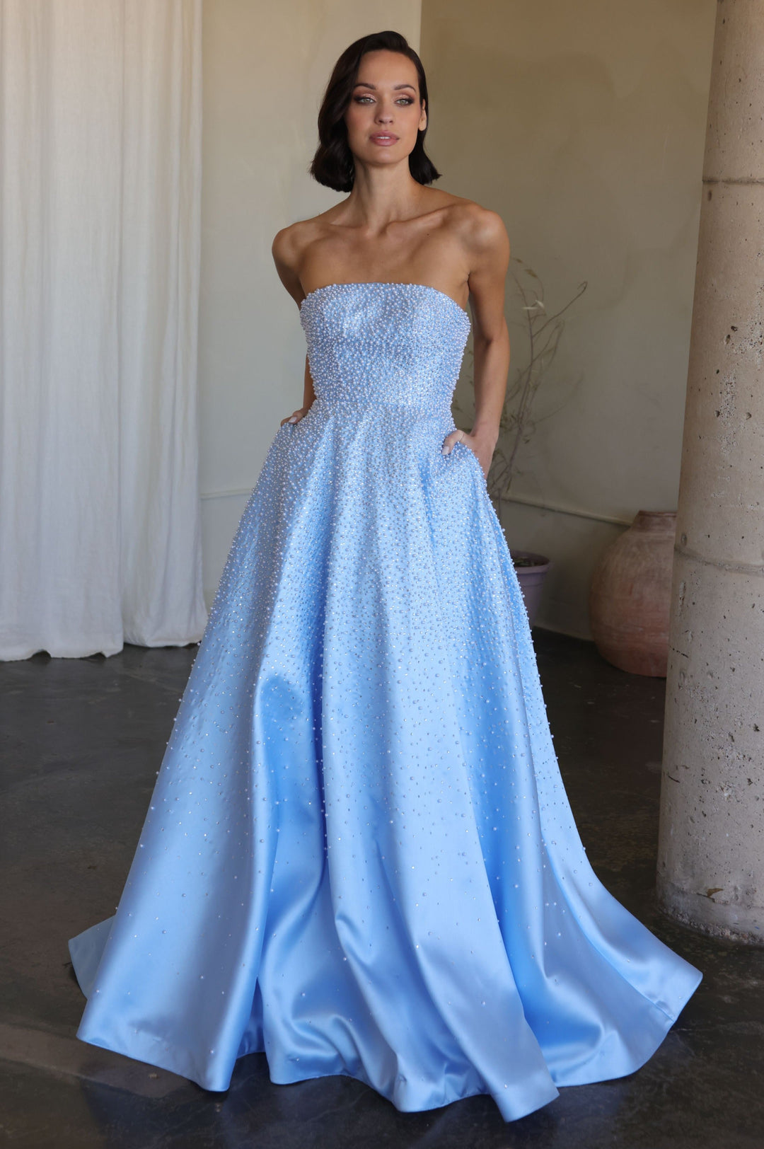 Ava Presley 42500 - Strapless Beaded Blush A Line Gown - FOSTANI.com