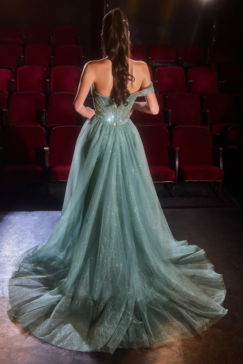 Ladivine CC506 glitter one shoulder overskirt dress back view