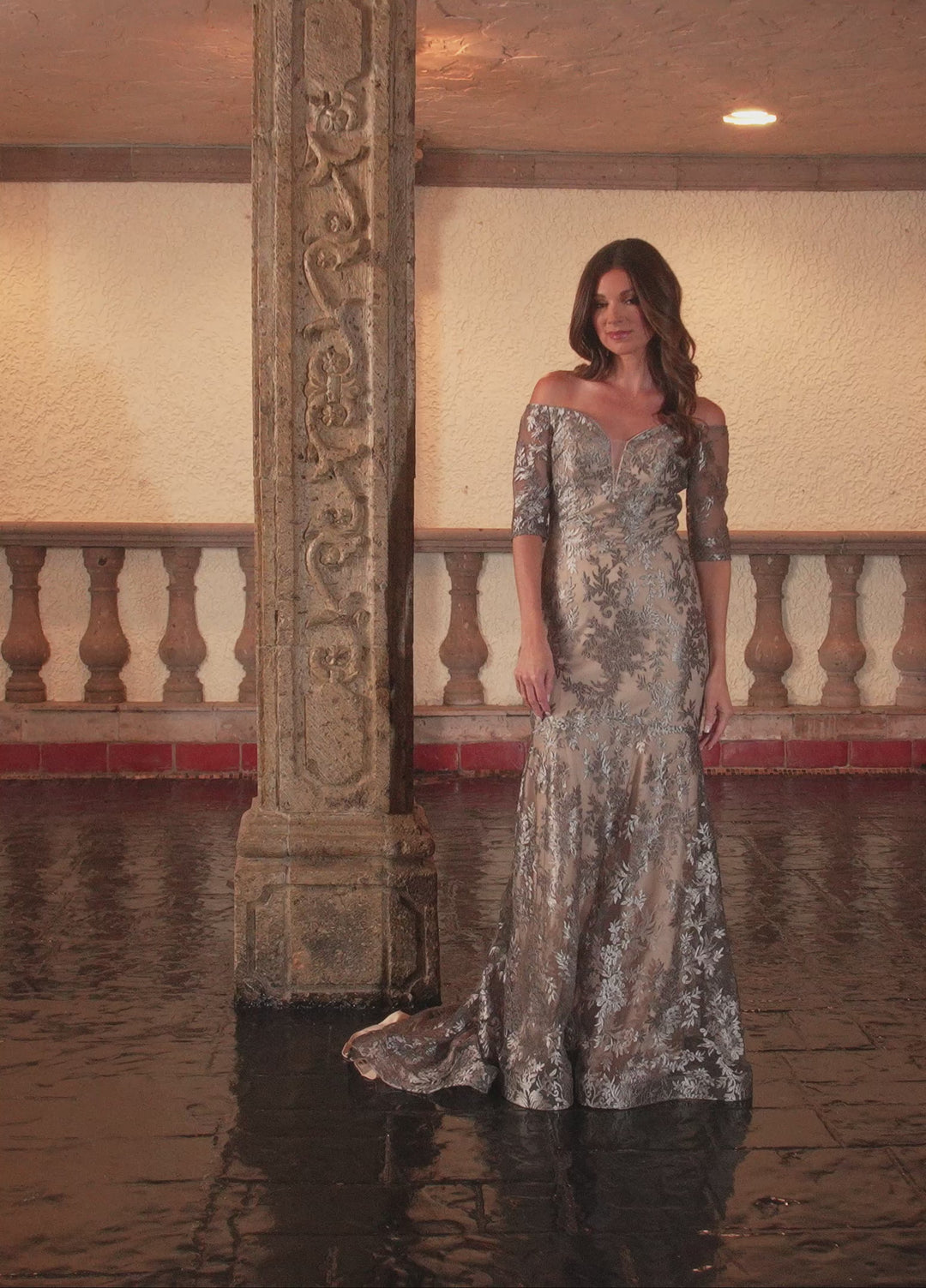 Rachel Allan RB8151 Off-the-Shoulder Illusion Lace Appliqué Mother of the Bride Dress