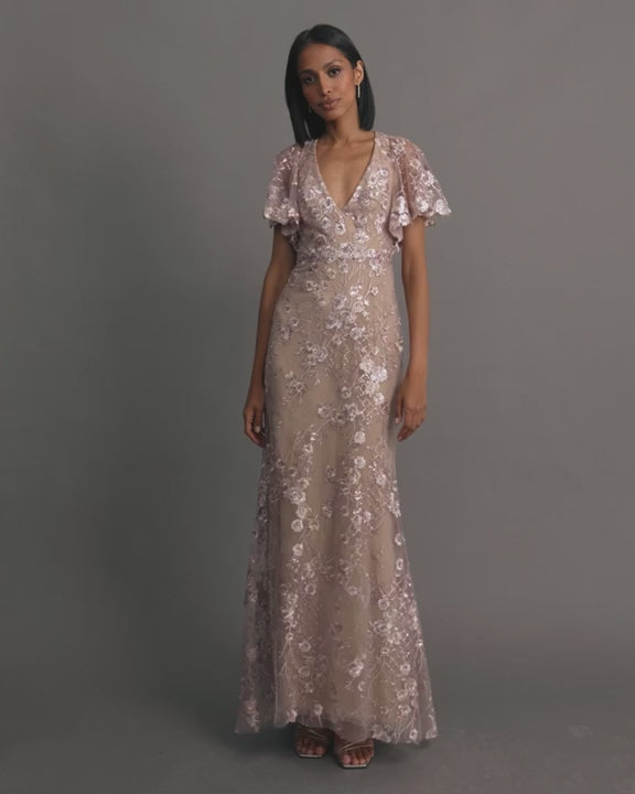 Mac Duggal 68743 Embellished Lace V Neck Butterfly Sleeve Dress