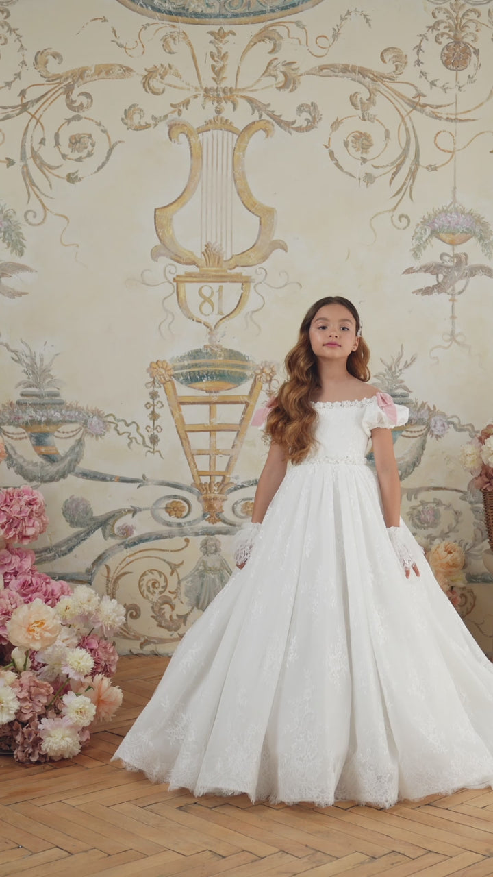Pentelei 3802 Off-the-Shoulder Puff Sleeve Ball Gown Kids Dress
