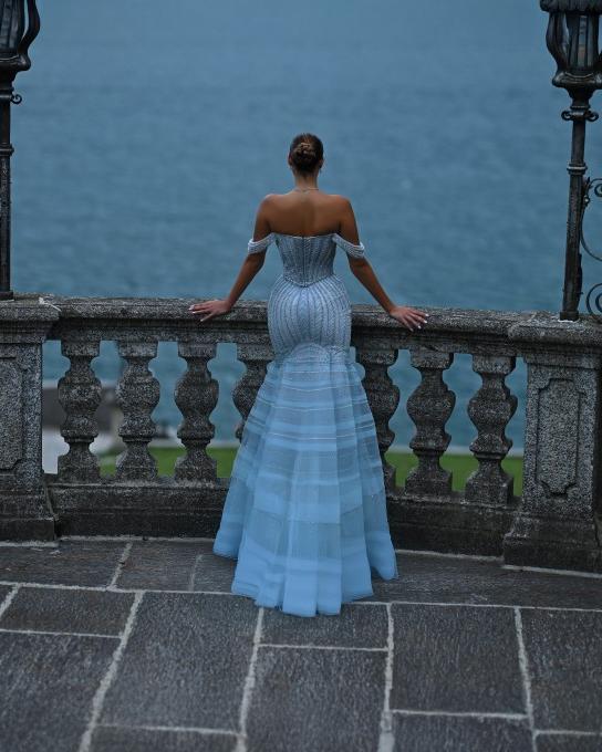 Delilah SH12043 Off-the-Shoulder Crystal Cup Corset Mermaid Gown with Tiered Hem - Blue back view