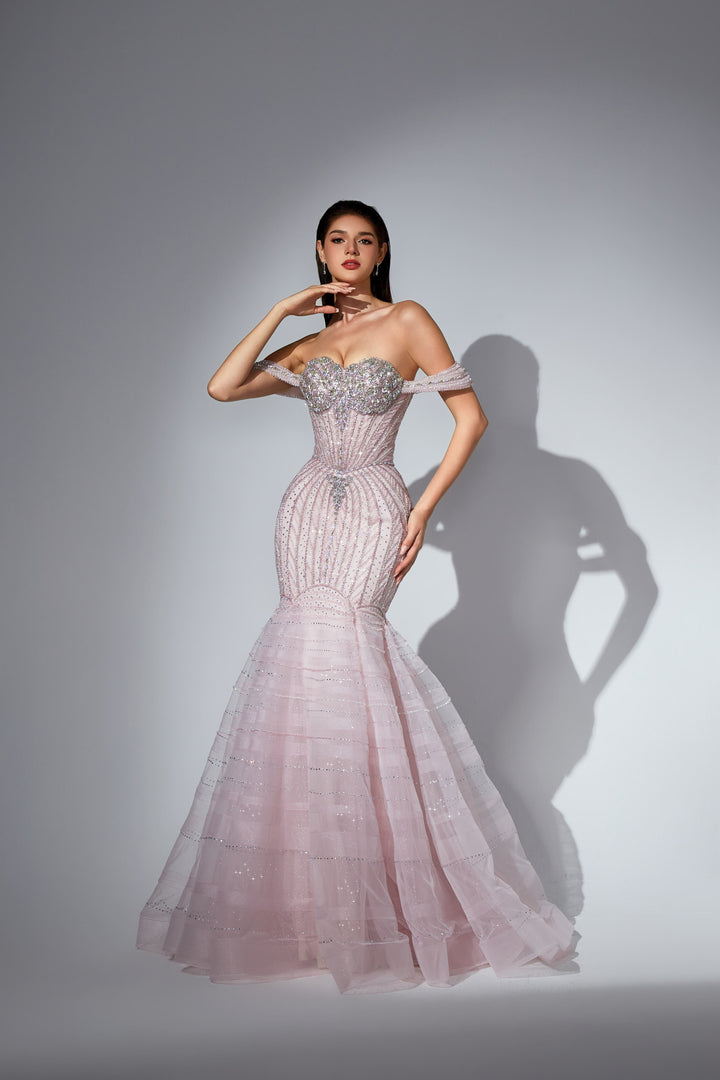 Delilah SH12043 Off-the-Shoulder Crystal Cup Corset Mermaid Gown with Tiered Hem - Pink front view