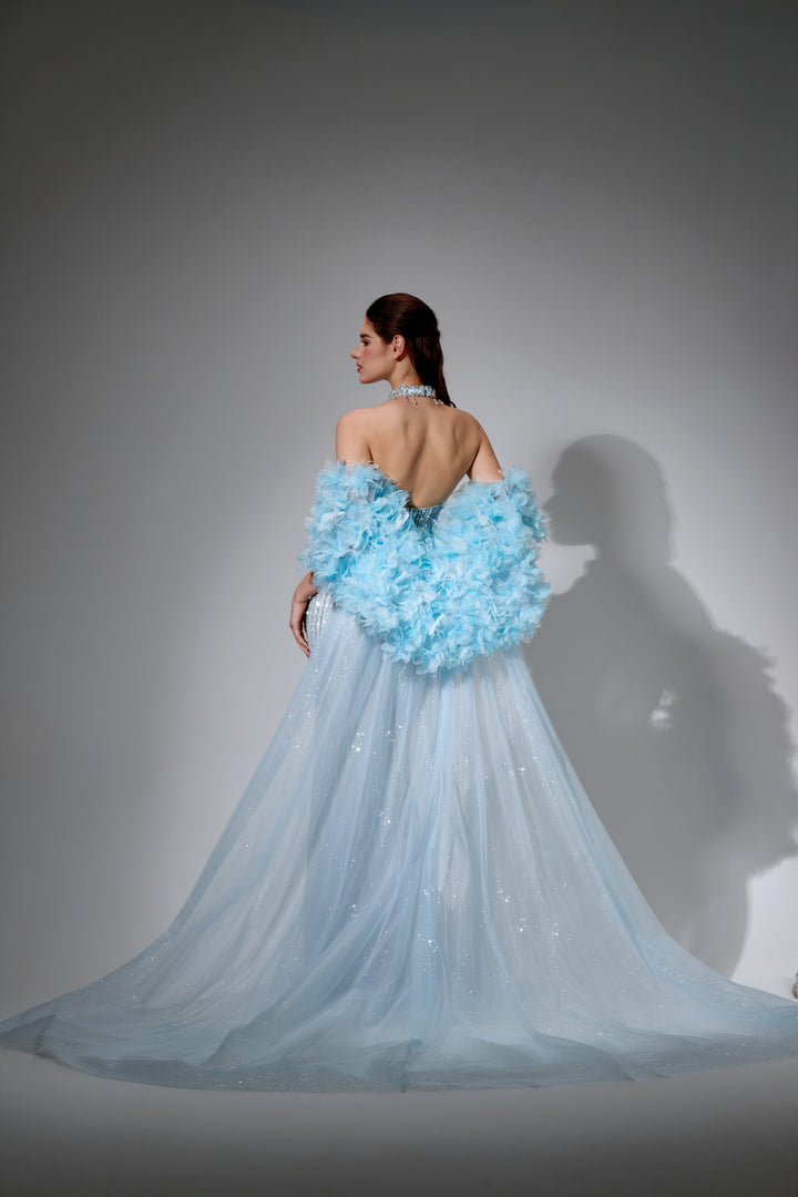 Delilah SH12045 Beaded Halter Plunging Mermaid Gown with Ruffled Arm Puffs and Overskirt - Blue back view
