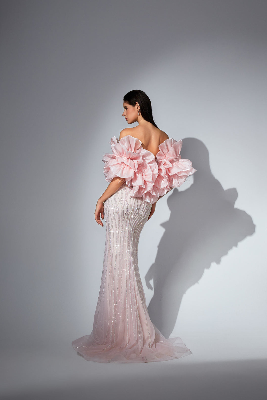 Delilah SH12049 Strapless Sweetheart Beaded Corset Mermaid Gown with Ruffled Arm Puffs - Pink back view