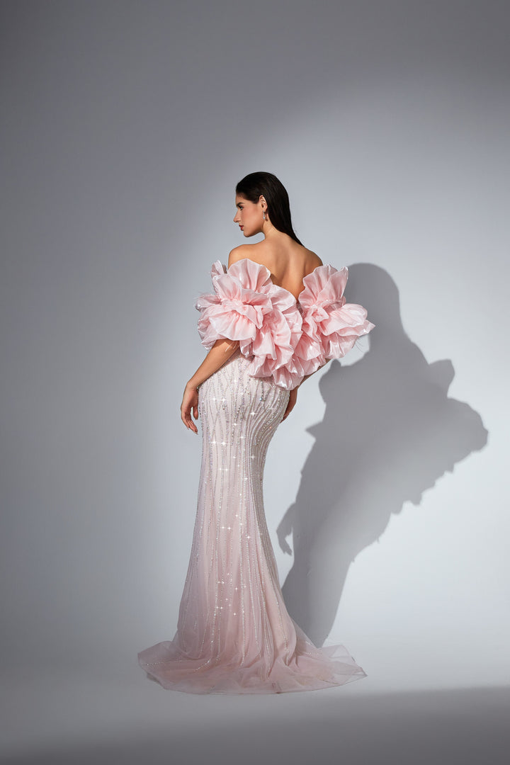 Delilah SH12049 Strapless Sweetheart Beaded Corset Mermaid Gown with Ruffled Arm Puffs - Pink back view