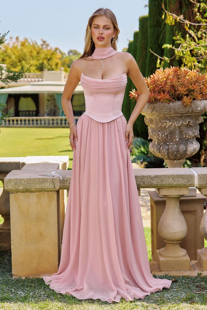 Amoris T741 Draped Chiffon Sleeveless Structured A-Line Dress