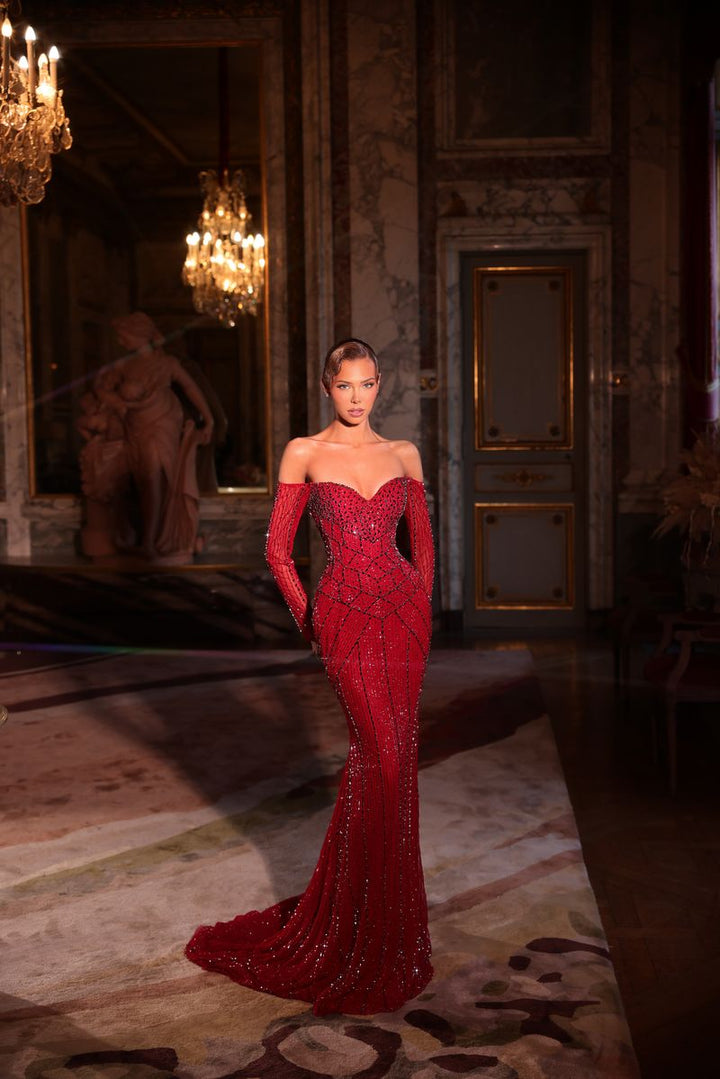 Chic & Holland HF110676 Off-Shoulder Long-Sleeve Couture Dress