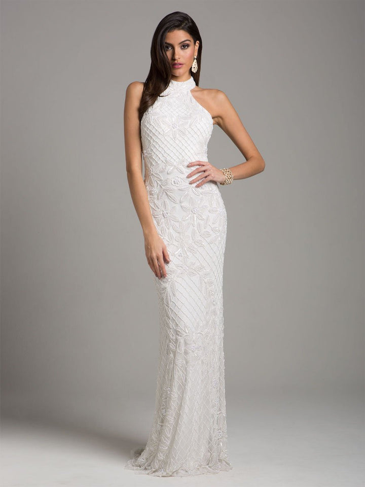 Lara Lattice-Beaded Halter Neck Sheath Wedding Gown - FOSTANI